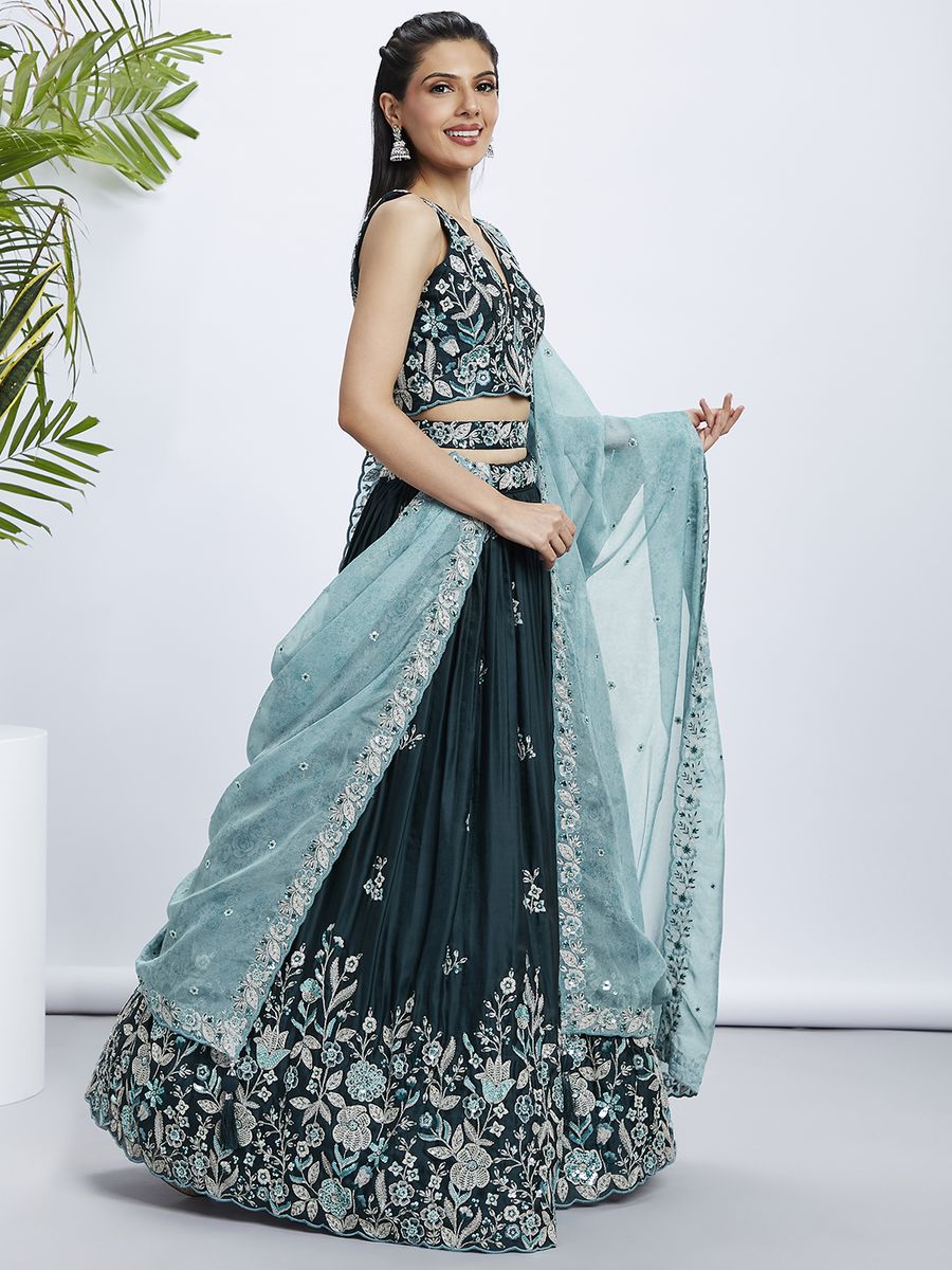 Teal Pure Georgette Sequins and thread embroidery Semi-Stitched Lehenga choli & Dupatta