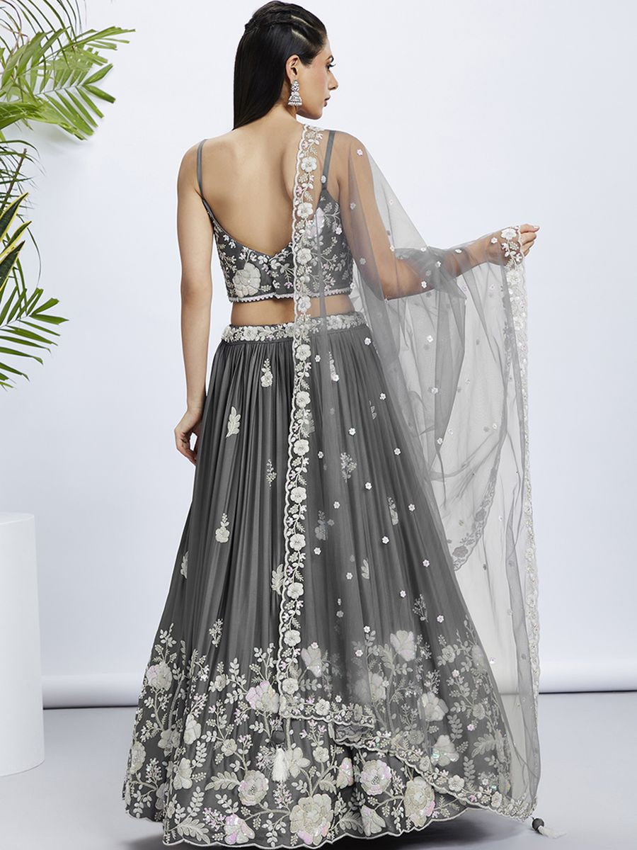 Grey Pure Georgette Sequins and thread embroidery Semi-Stitched Lehenga choli & Dupatta