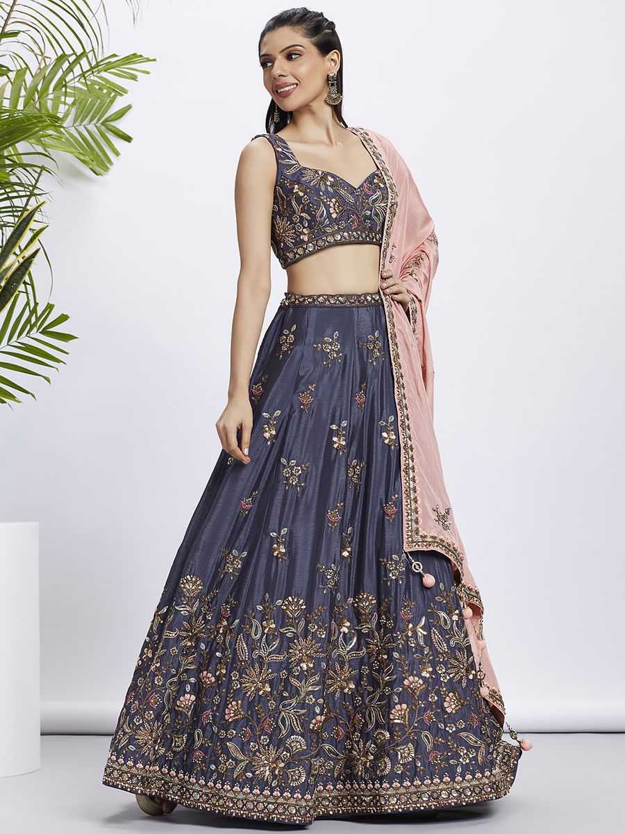 Violet Pure Chiffon Sequins and thread embroidery Semi-Stitched Lehenga choli & Dupatta