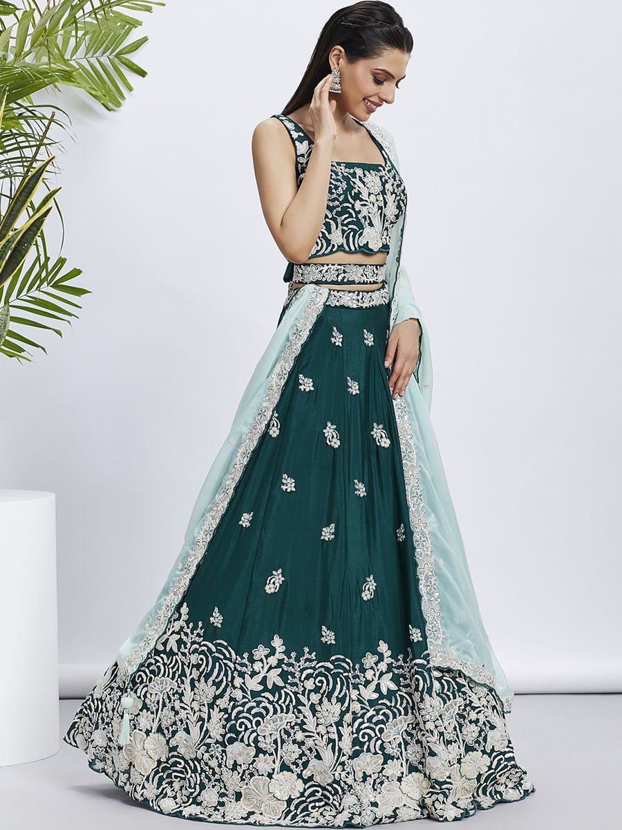 Green - Pure Georgette White Sequin,White Thread Embroidered Semi-Stitched Lehenga choli with intricate floral designs and sequin embellishments 