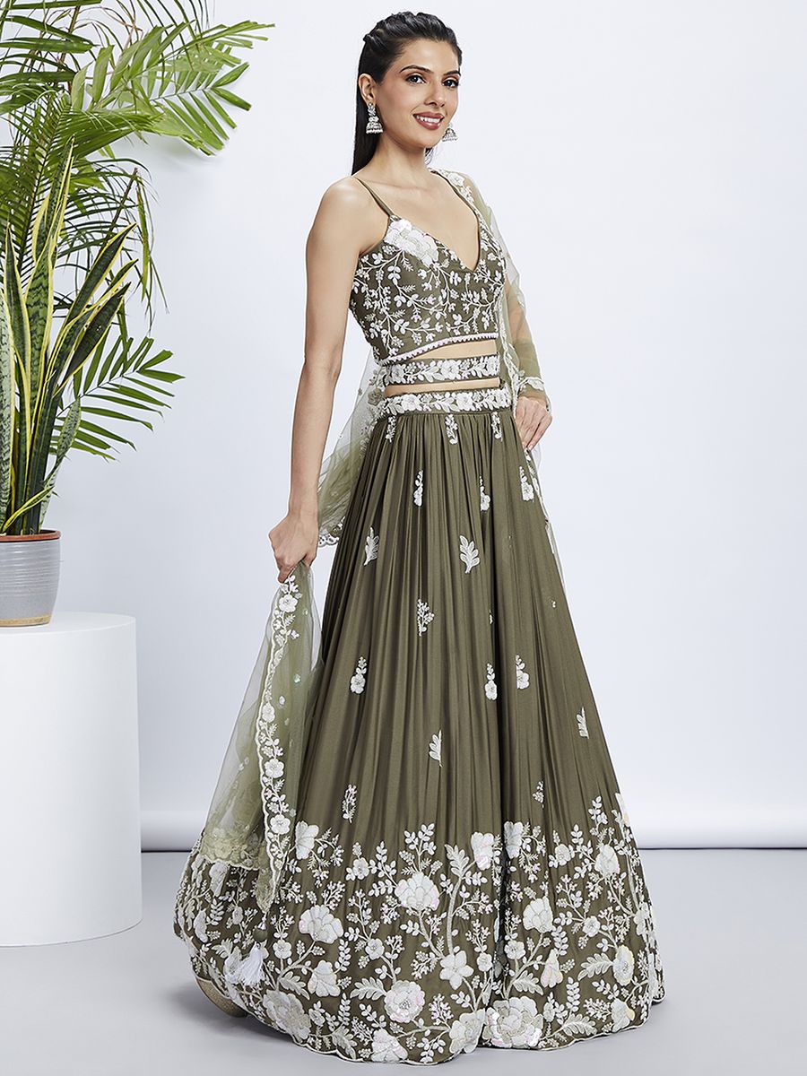 Olive Pure Georgette Sequins and thread embroidery Semi-Stitched Lehenga choli & Dupatta