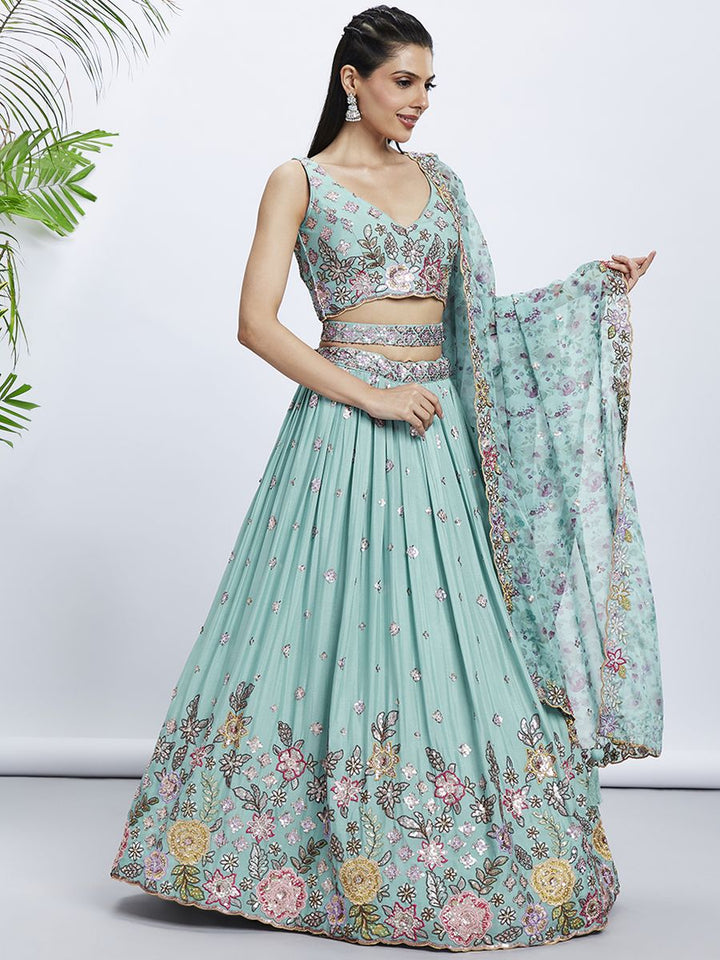 Turquoise blue Chiffon Sequins and thread embroidery Semi-Stitched Lehenga choli & Printed Dupatta