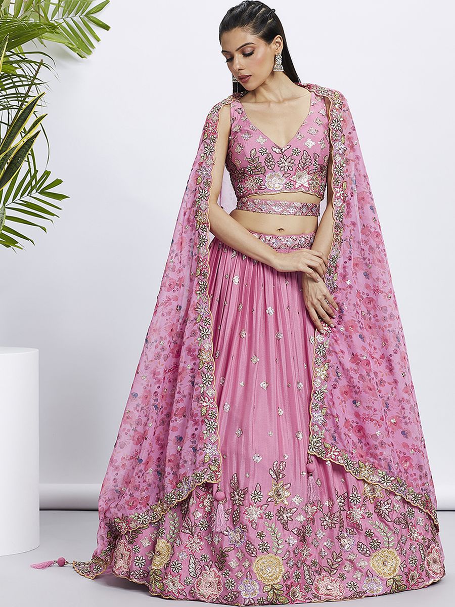 Pink Chiffon Sequins and thread embroidery Semi-Stitched Lehenga choli & Printed Dupatta