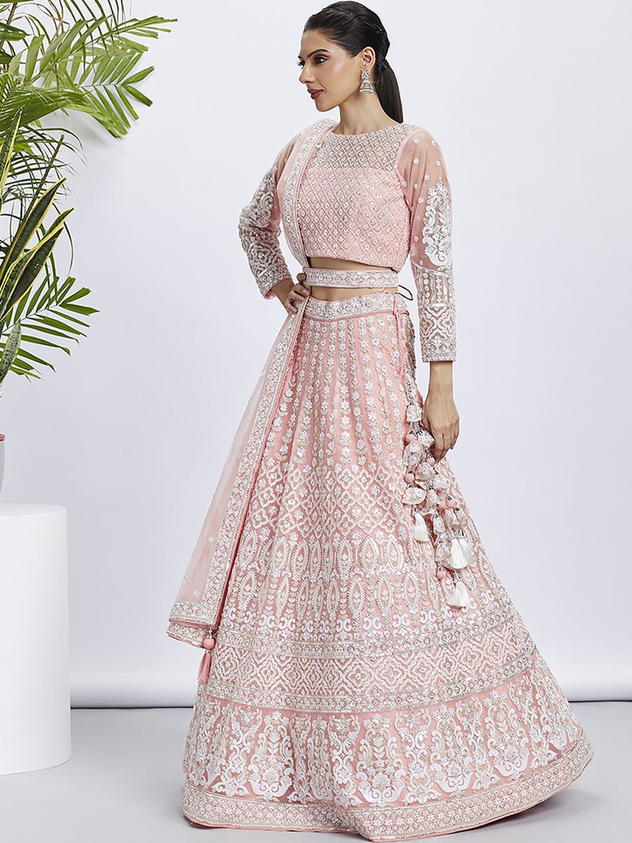 Peach - White Color Sequined & Heavy Embroidered Net Semi-Stitched Lehenga choli