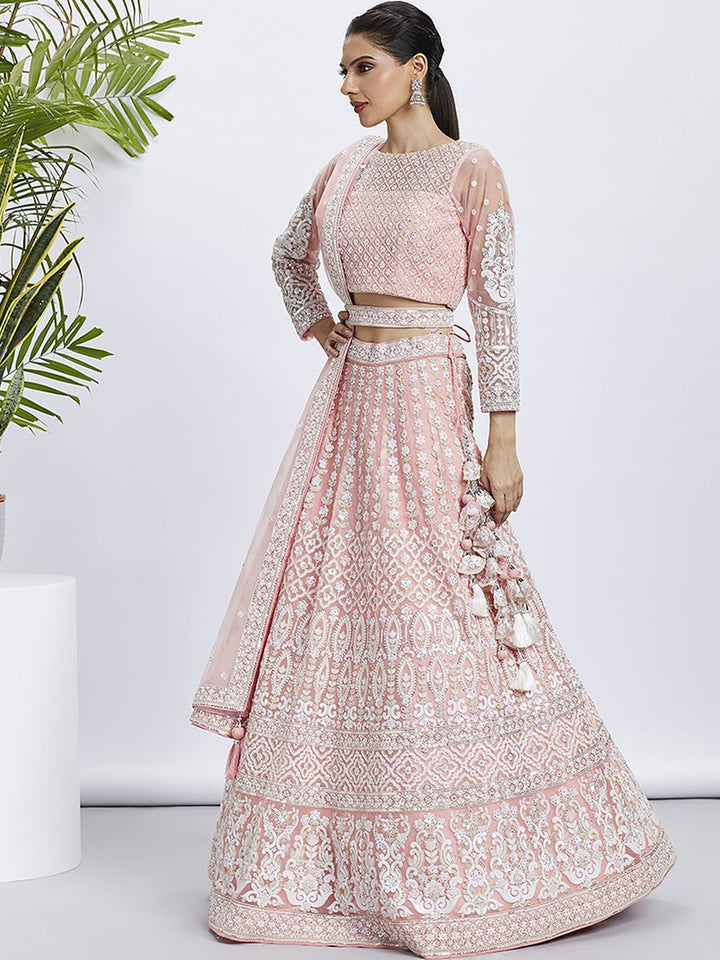 White Color Sequined & Heavy Embroidered Net Lehenga choli with Peach