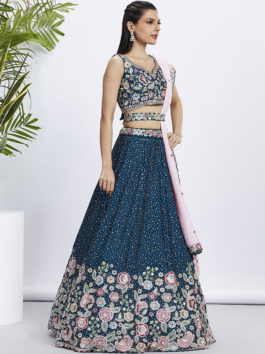 Beautiful navy blue chiffon lehenga with intricate multi-color thread and sequin heavy embroidery