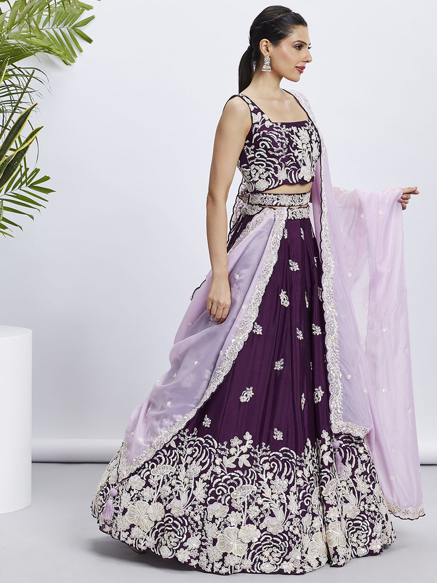 Purple - Pure Georgette White Sequin,White Thread Embroidered Semi-Stitched Lehenga choli