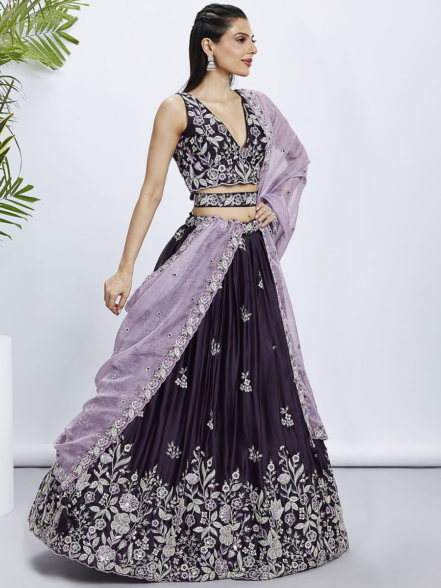 Purple Pure Georgette Sequins and thread embroidery Semi-Stitched Lehenga choli & Dupatta