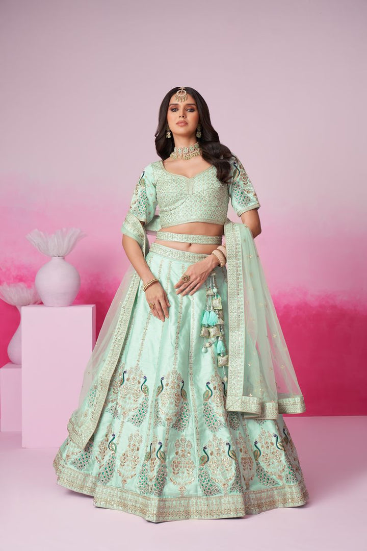 Seagreen pure silk lehenga choli with golden sequin, thread, moti, and zarkan heavy embroidery