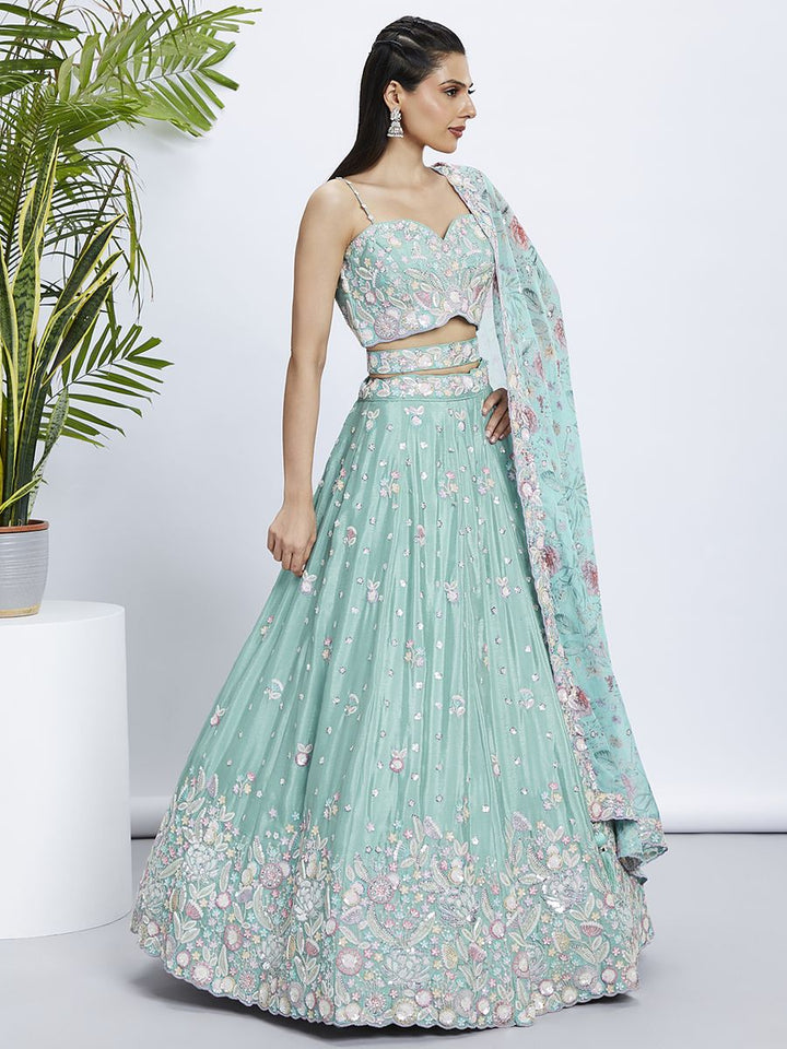 Sea green Chiffon Sequins and thread embroidery Semi-Stitched Lehenga choli & Dupatta