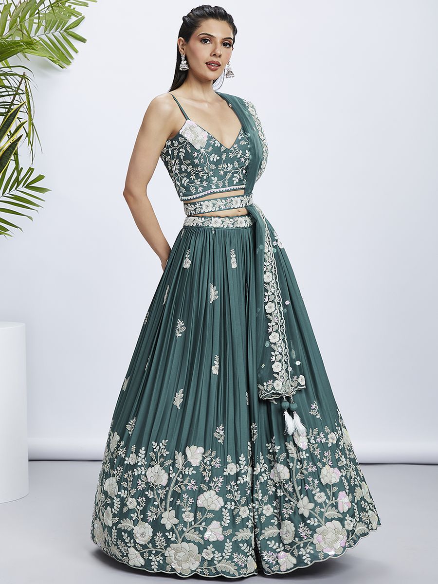 Turquoise blue Pure Georgette Sequins and thread embroidery Semi-Stitched Lehenga choli & Dupatta