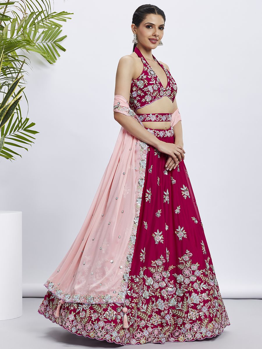 Rose - Multi Color Sequined & Thread Embroidered Pure Georgette Semi-Stitched Lehenga choli