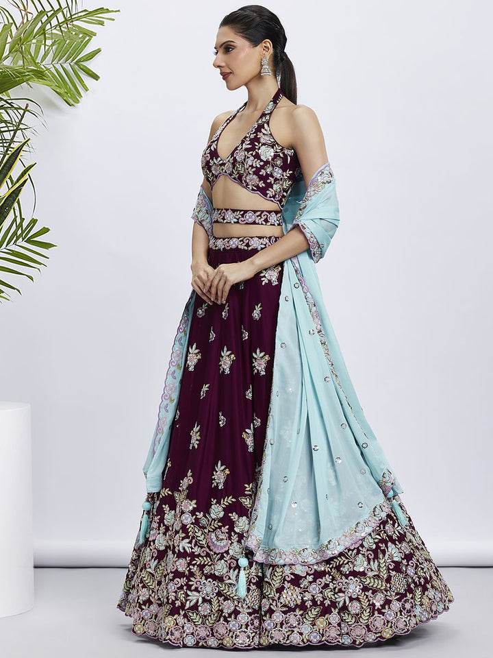 Burgundy - Multi Color Sequined & Thread Embroidered Pure Georgette Semi-Stitched Lehenga choli