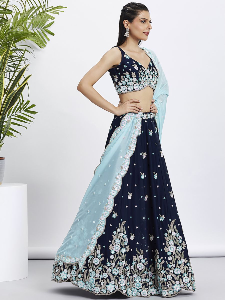 Navy Blue - Pure Georgette Different Color Sequined,Thread,Coding Embroidered Semi-Stitched Lehenga choli