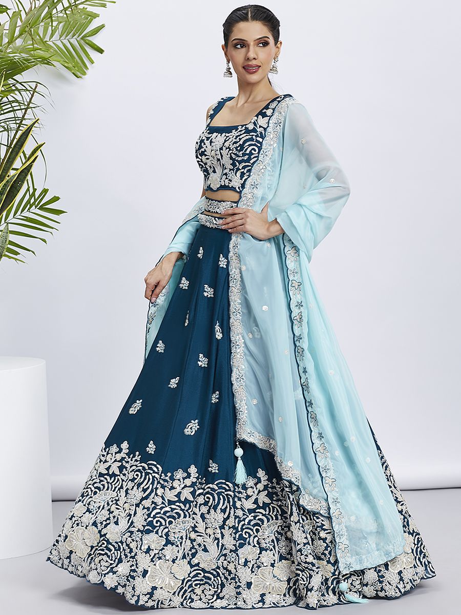 Teal - Pure Georgette White Sequin,White Thread Embroidered Semi-Stitched Lehenga choli