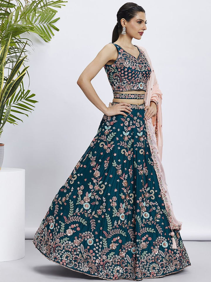 Teal - Pure Georgette Golden Sequined, Multi-Color Thread & Zarkan Embroidered Semi-Stitched Lehenga choli