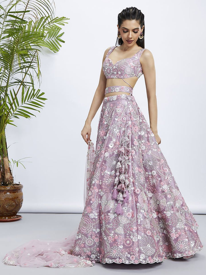 Mauve Organza Sequins, Zarkan and thread embroidery Semi-Stitched Lehenga choli & Dupatta