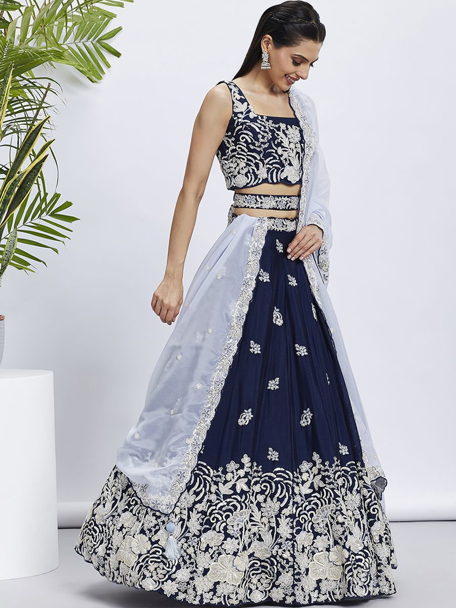 Navy Blue - Pure Georgette White Sequin,White Thread Embroidered Semi-Stitched Lehenga choli