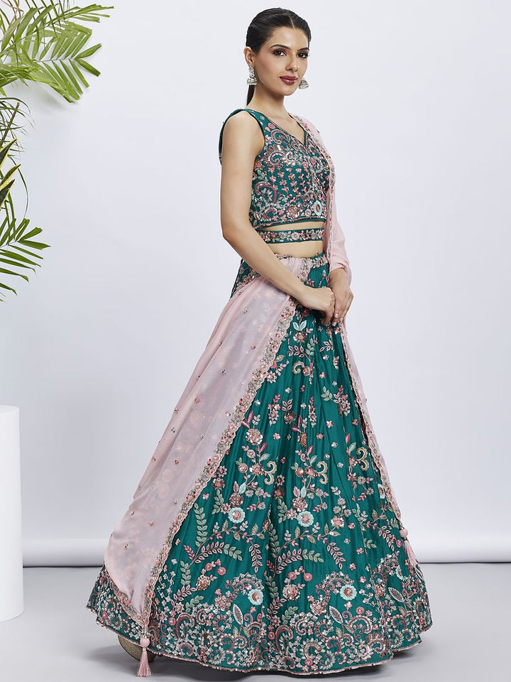 Green - Pure Georgette Golden Sequined, Multi-Color Thread & Zarkan Embroidered Semi-Stitched Lehenga choli