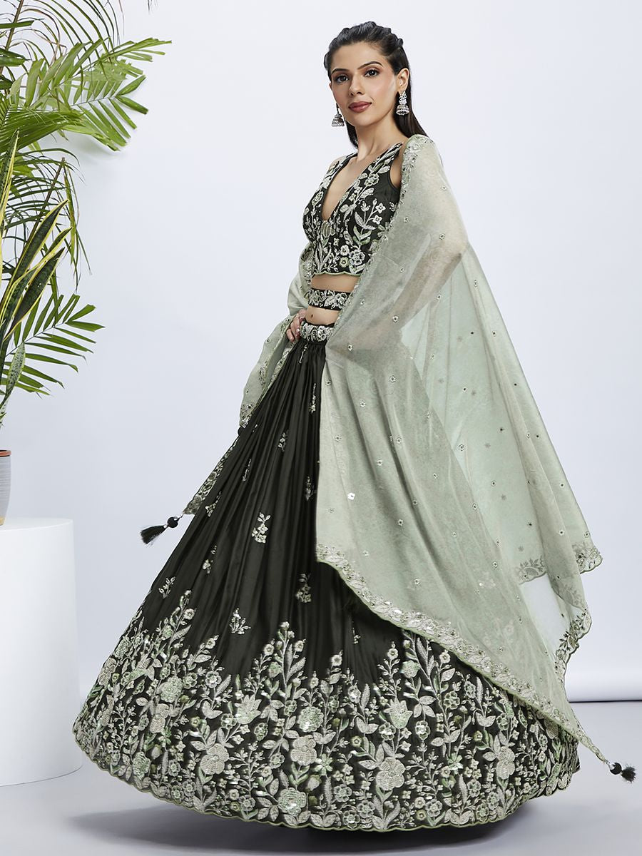 Olive Pure Georgette Sequins and thread embroidery Semi-Stitched Lehenga choli & Dupatta