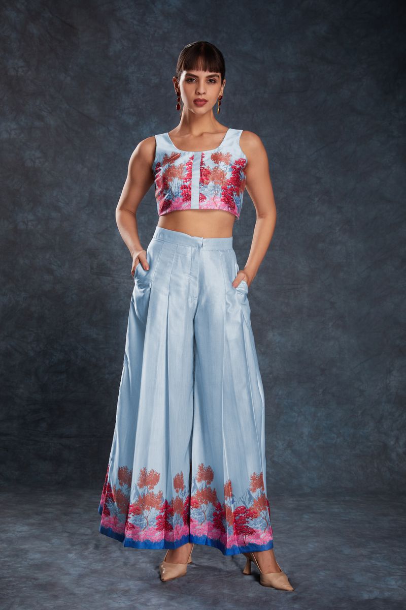 SKY BLUE LINEN PRINTED TOP,PANT CO-ORD SET - qivii