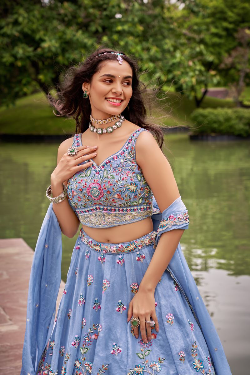 Turquoise blue Organza fabric Sequins & Mirror work Semi-Stitched Lehenga choli & Dupatta