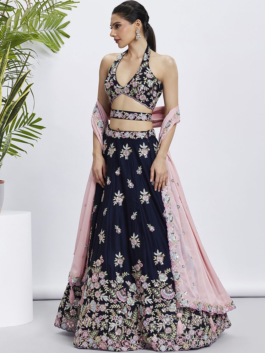 Navy Blue - Multi Color Sequined & Thread Embroidered Pure Georgette Semi-Stitched Lehenga choli