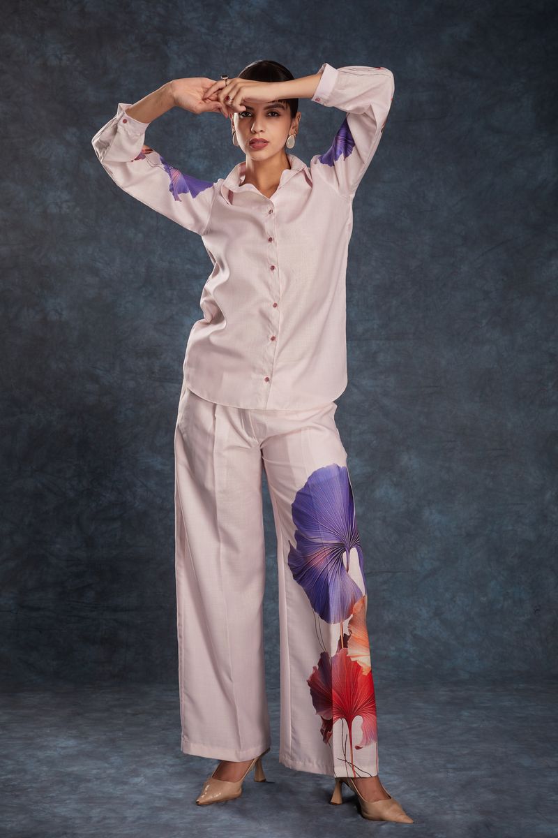 LIGHT PINK LINEN PRINTED TOP,PANT CO-ORD SET - qivii