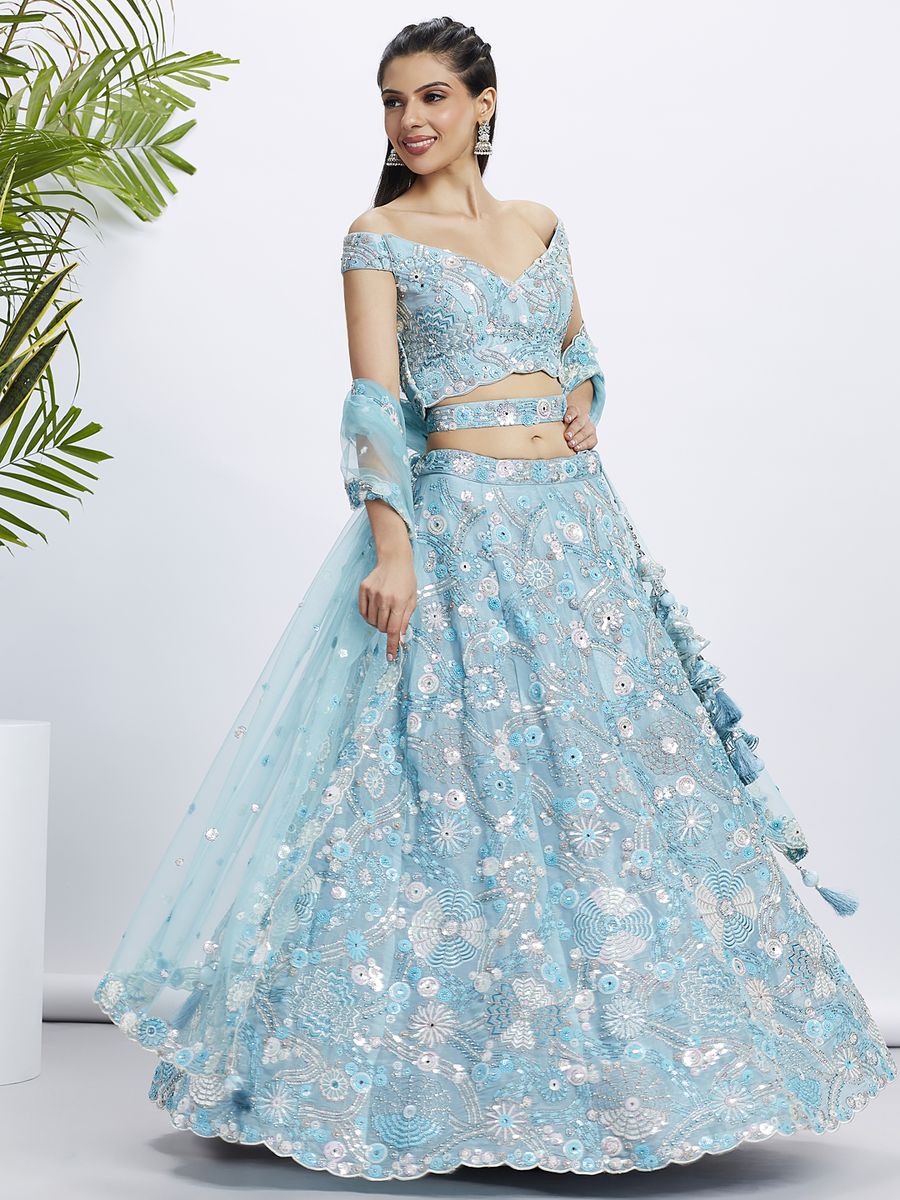 Sky blue Organza Sequins, Zarkan and thread embroidery Semi-Stitched Lehenga choli & Dupatta