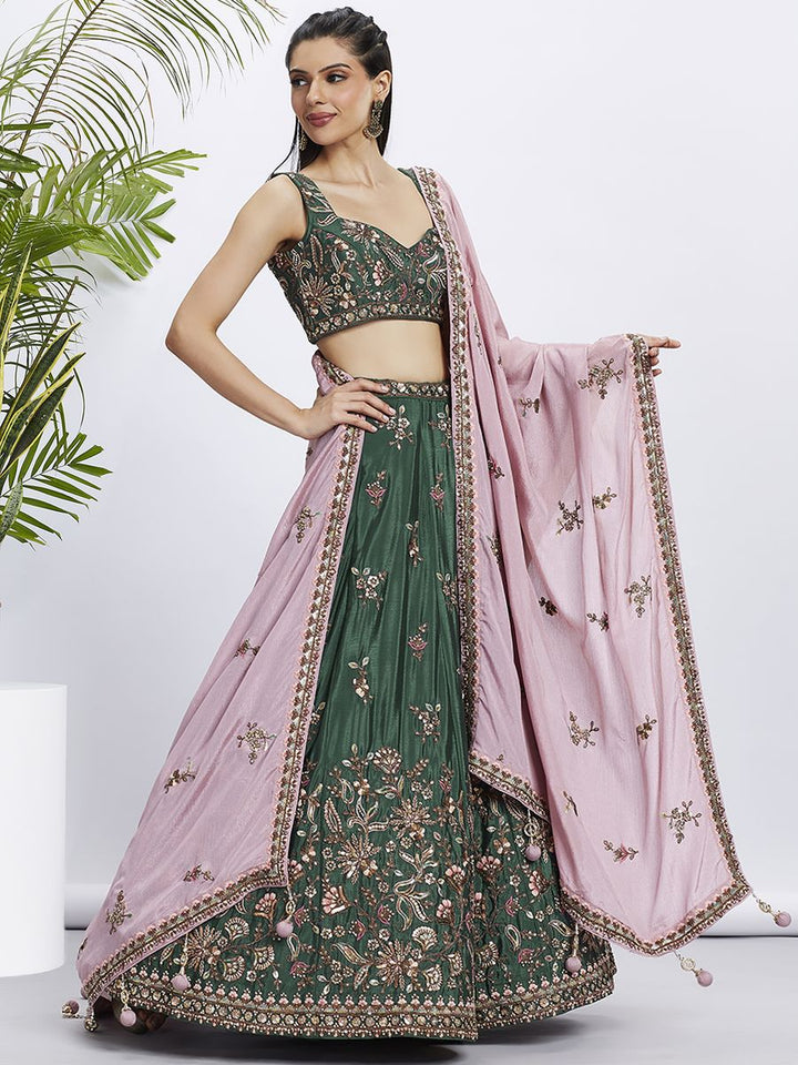 Green Pure Chiffon Sequins and thread embroidery Semi-Stitched Lehenga choli & Dupatta