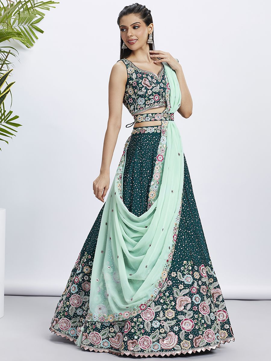 Green - Chiffon Multi-Color Thread,Sequin Heavy Embroidered Semi-Stitched Lehenga