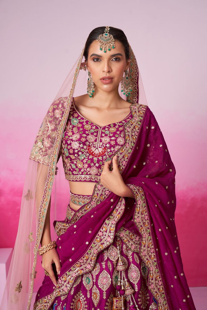 Burgundy - Pure Silk Fully Embroidered Using Moti,Sequin & Multicolor Thread Bridal Semi Stitched Lehenga with Double Dupatta