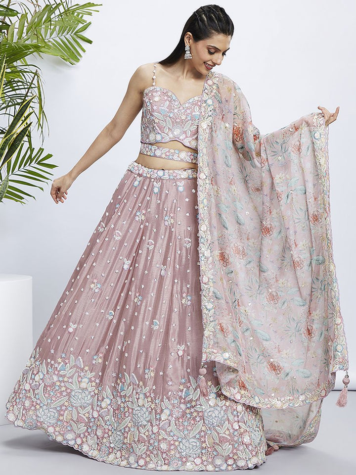 Chiffon dupatta with beautiful sequins and thread embroidery in rose gold