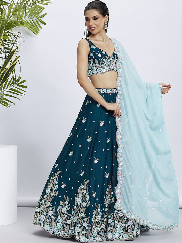 Teal - Pure Georgette Different Color Sequined,Thread,Coding Embroidered Semi-Stitched Lehenga choli