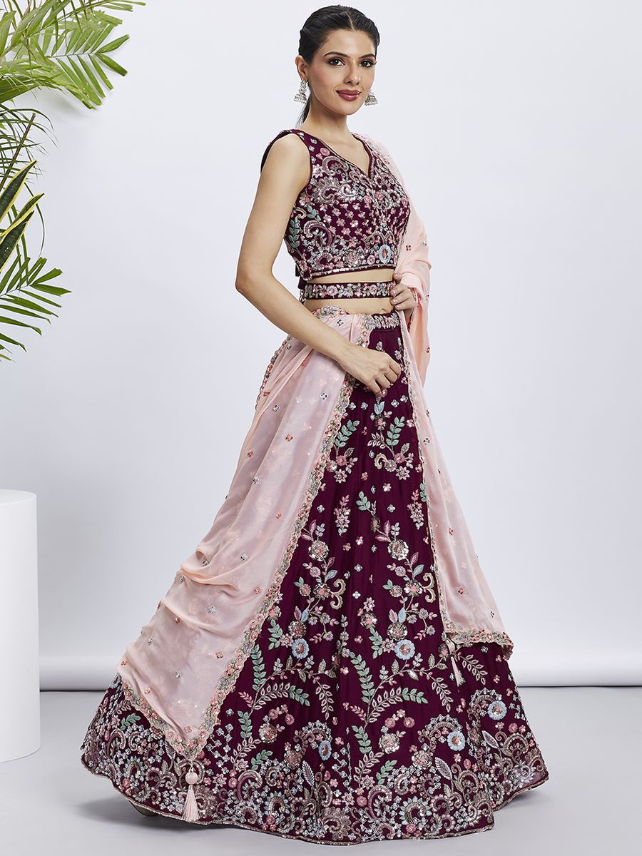 Burgundy - Pure Georgette Golden Sequined, Multi-Color Thread & Zarkan Embroidered Semi-Stitched Lehenga choli