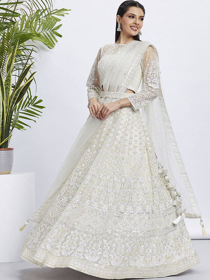 Cream - White Color Sequined & Heavy Embroidered Net Semi-Stitched Lehenga choli