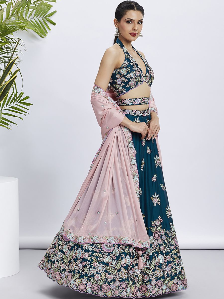 Teal - Multi Color Sequined & Thread Embroidered Pure Georgette Semi-Stitched Lehenga choli