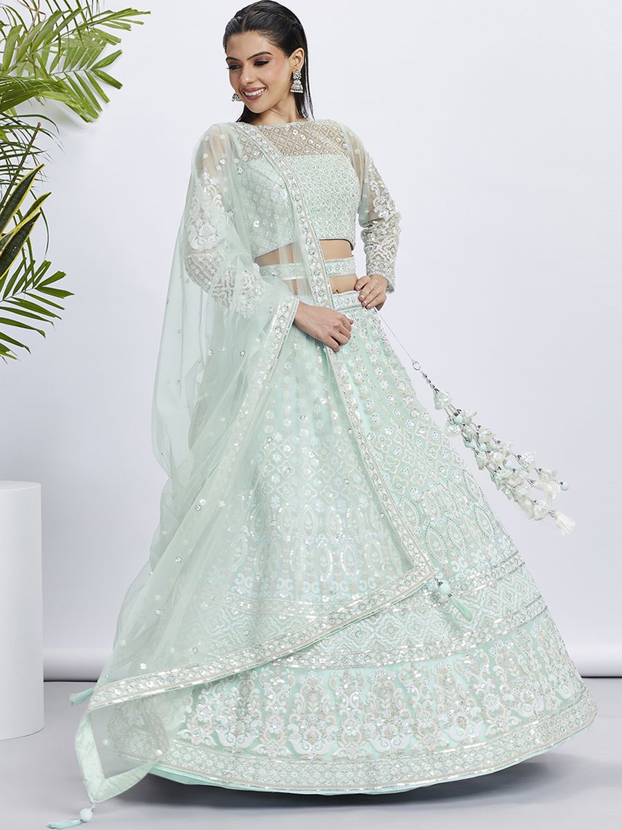 Elegant net lehenga choli in turquoise blue and white with sequins