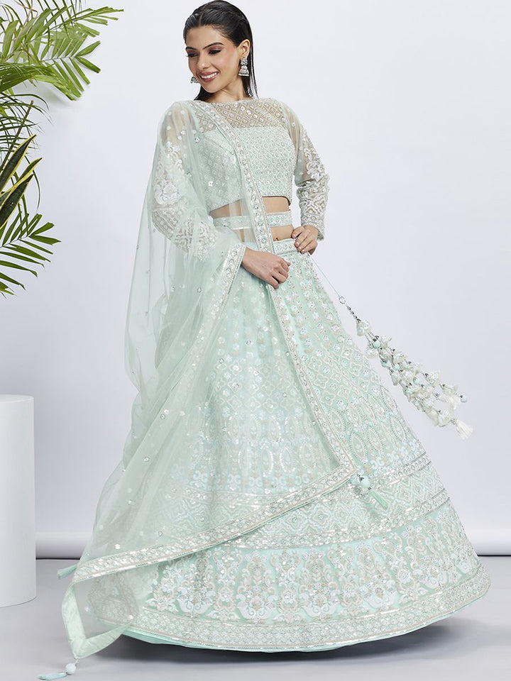 Turquoise Blue - White Color Sequined & Heavy Embroidered Net Semi-Stitched Lehenga choli