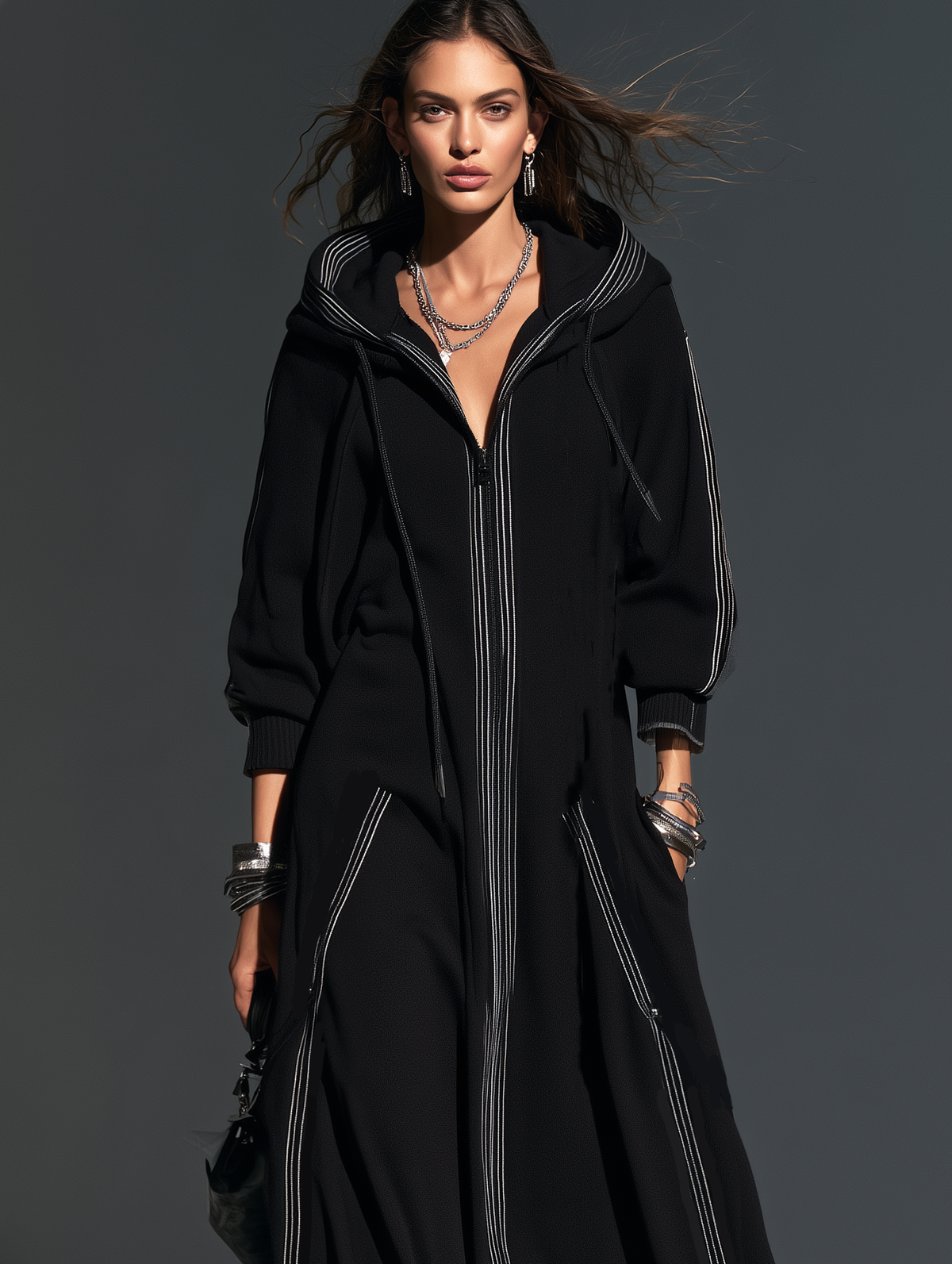 Women's Casual Black Long-Sleeve Hooded Long Coat In Sweatshirt Fabric