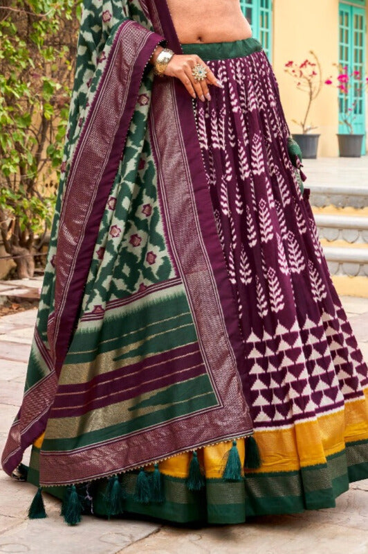 Adorned in printed Tusser silk lehenga choli in Wine Color