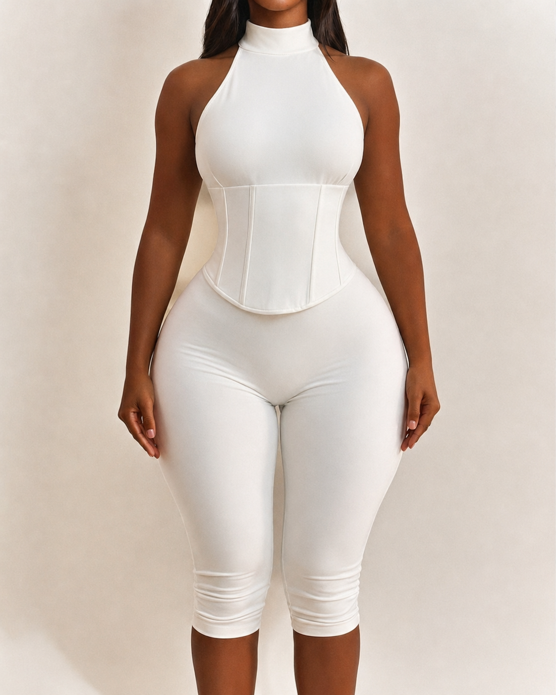 Polka Dot Halter Neck Hourglass Capri Jumpsuit with Detachable Corset Two-Piece Set  - By Qivii