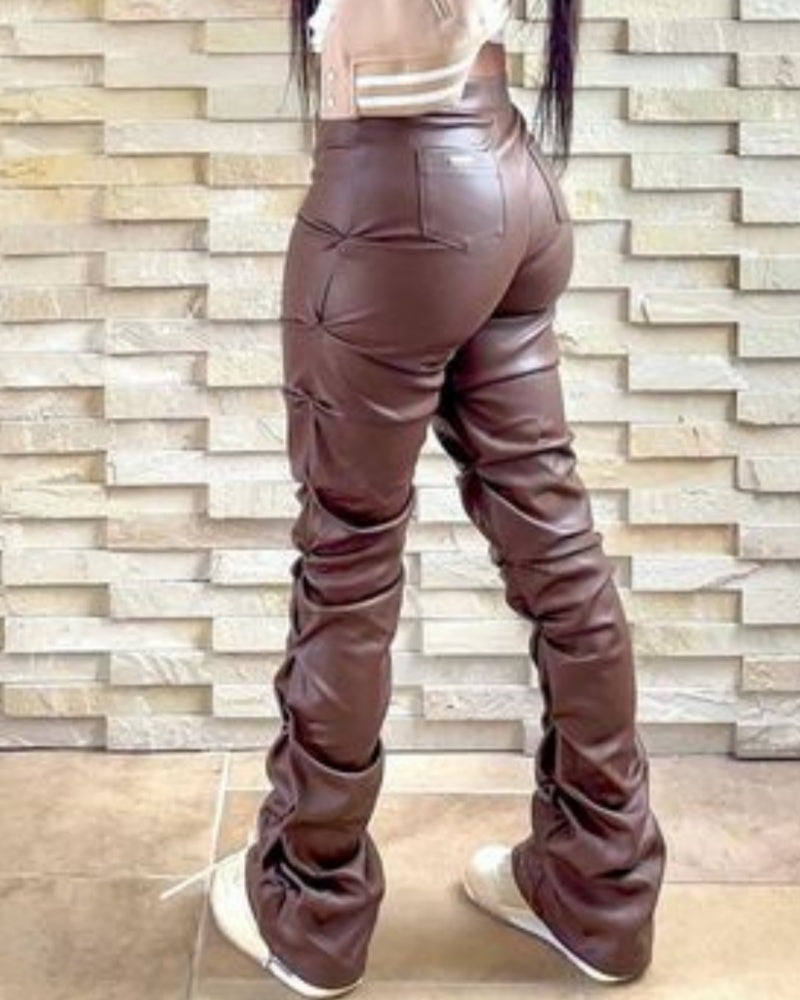 PU Leather Personalized Pleated Flared Pants  - By Qivii
