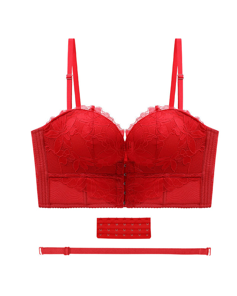 Front And Back Closure Strapless Push-up 7 Row Buckles Bra Non-slip Lace Brassiere  - By Qivii