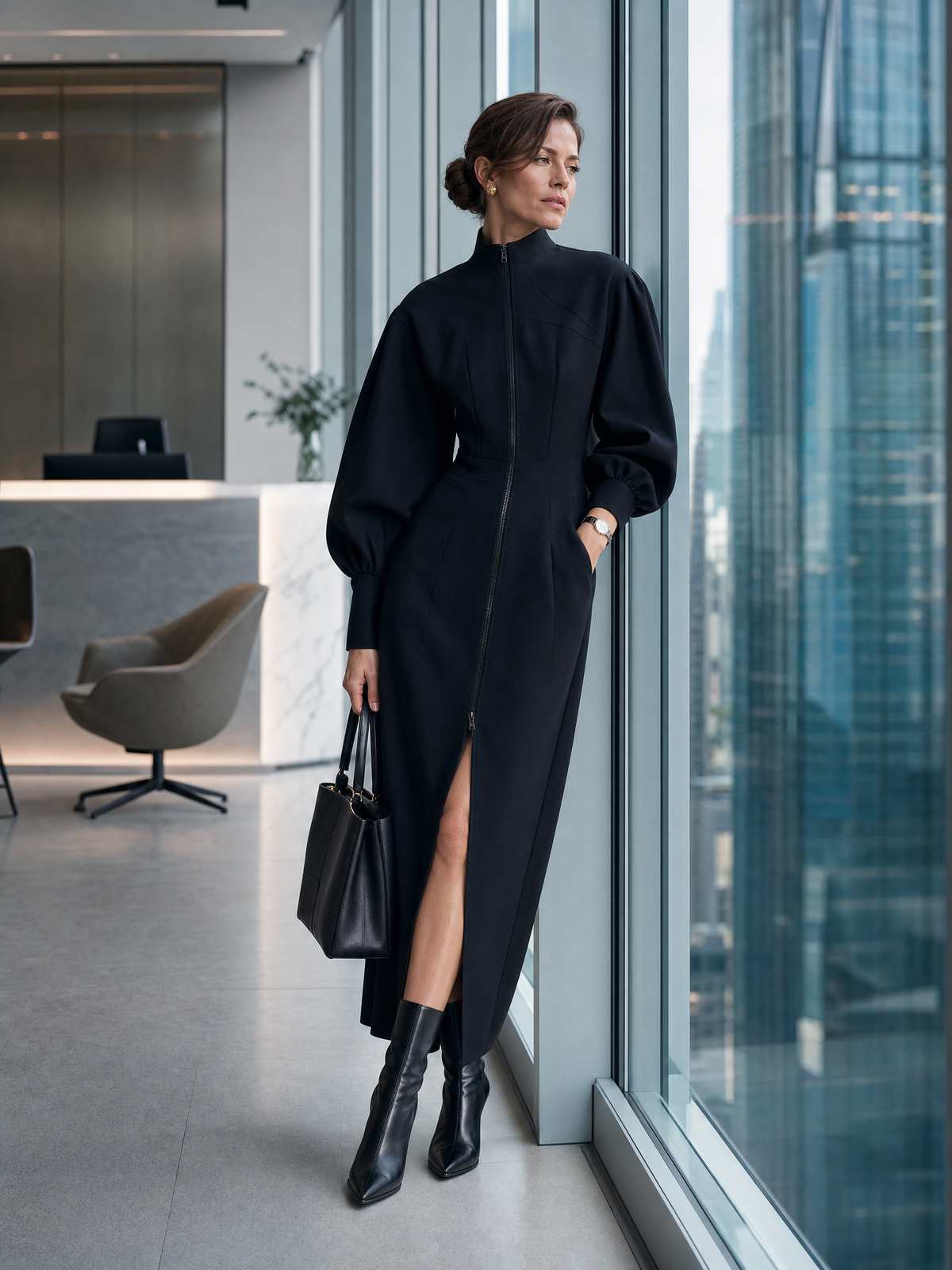 Women's Zip Front Puff Sleeve Black Maxi Dress MDZ0165I7YZJ