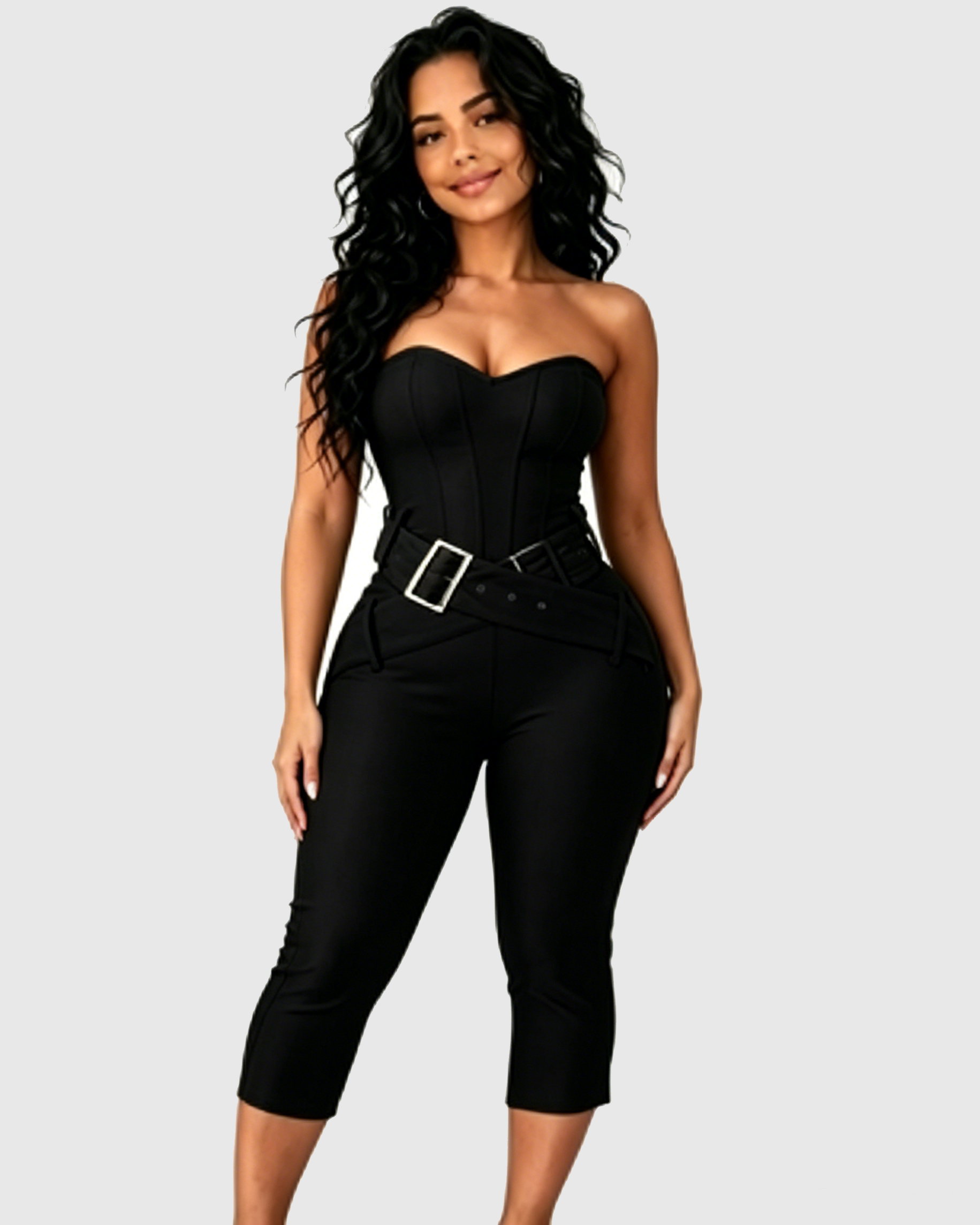 Sweetheart Strapless Capri Jumpsuit with Belt  - By Qivii