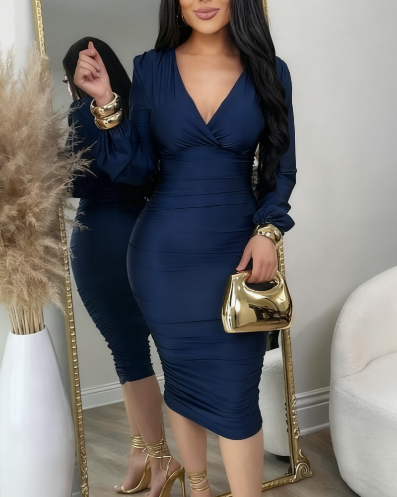 Deep V Neck Long Sleeves Ruched Bodycon Midi Dress  - By Qivii