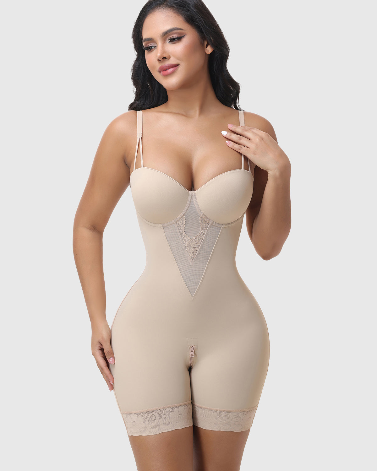 V Neck Adjustable Strap Crotch Zipper Seamless Lace Bodysuit Shapewear