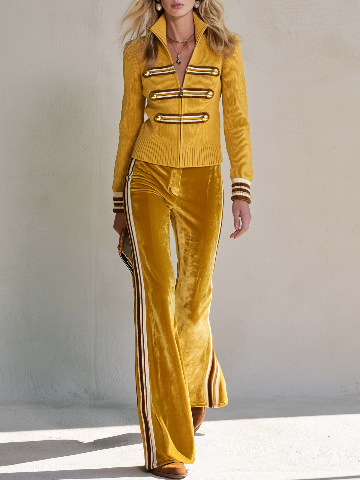 Retro military mustard knit zip-up cardigan and velvet flare pants set for women by Oyrosy Clothing, featuring side stripe details.