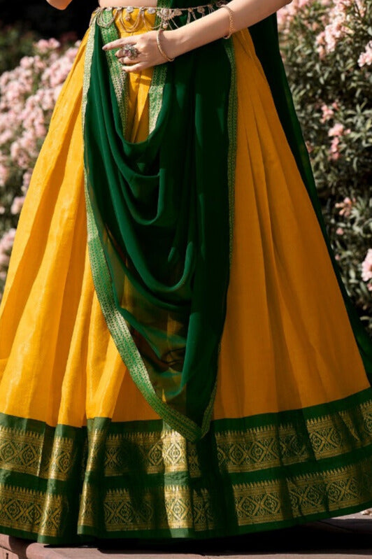 South-style Kanchipuram silk lehenga choli in Yellow Color